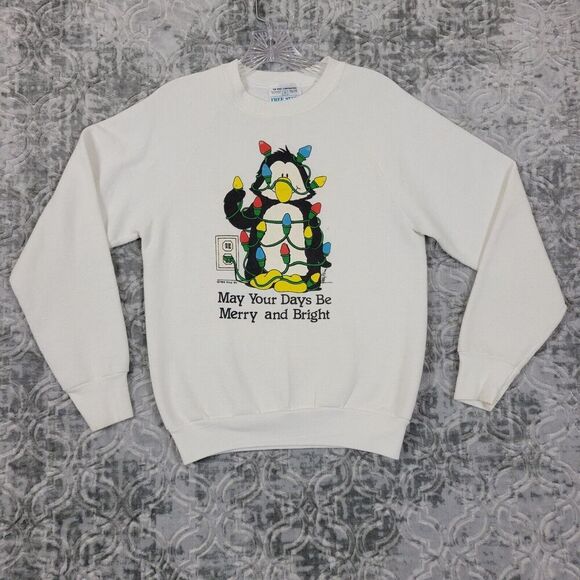 Vintage 1989 Christmas Sweatshirt Adult Medium White Tacky Penguins 80s Distress - Picture 1 of 16